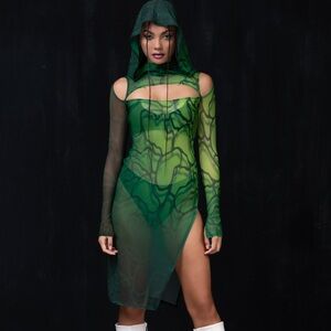 Badinka Acid Rain Green Sheer Hooded Dress